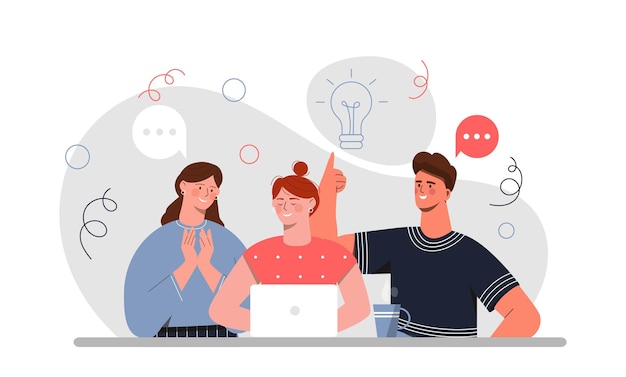 Team, das an Projekten arbeitet, Mädchen und Männer in der Laptop-Partnerschaft und Coworking-Kollegen im Büro