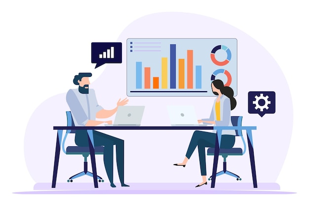 Team diskutiert Geschäftswachstum und Vektorillustration von Statistiken