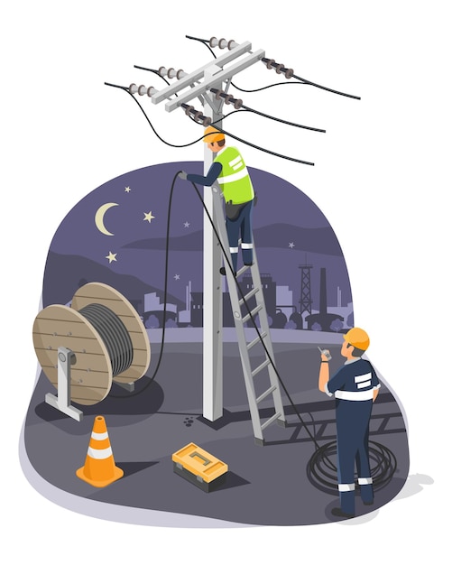 Team of Utility Workers Conducting Electrical Line Maintenance at Night in an Urban Area to Ensure P