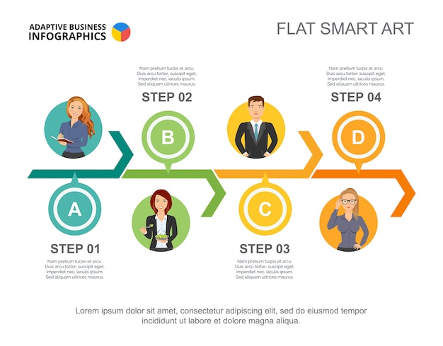 Team-prozessdiagramm-diaschablone mit vier kollegen. geschäftsdaten.