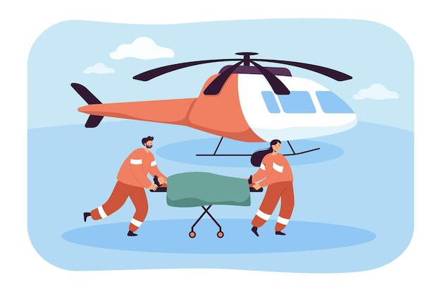 Team von medizinern mit patient und kopter. schneller transport für flache vektorillustration der evakuierung. notfall-, gesundheits-, flugambulanzkonzept für banner, website-design oder landing-webseite