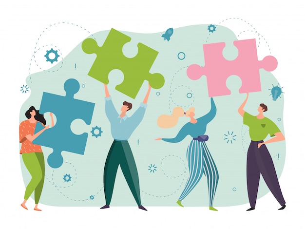 Teamarbeit, Kooperationskonzept, Rätsel in Händen erfolgreiche, freudige Leute, die zusammenarbeiten Design, Karikaturillustration.