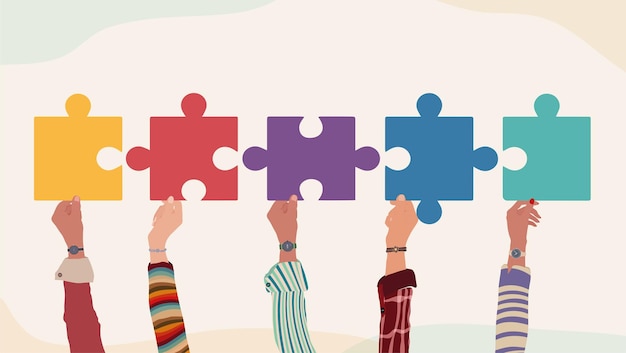 Teamarbeit und Zusammenarbeit Hände, die die Puzzle-Stücke halten