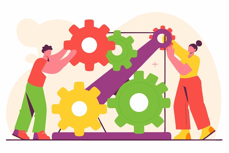 Vektor teamarbeit und zusammenarbeit menschen, die zusammenarbeiten, um erfolg zu erzielen
