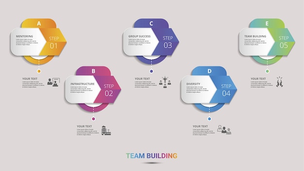 Teambuilding-infografiken farbige schritt-info-vorlage mit