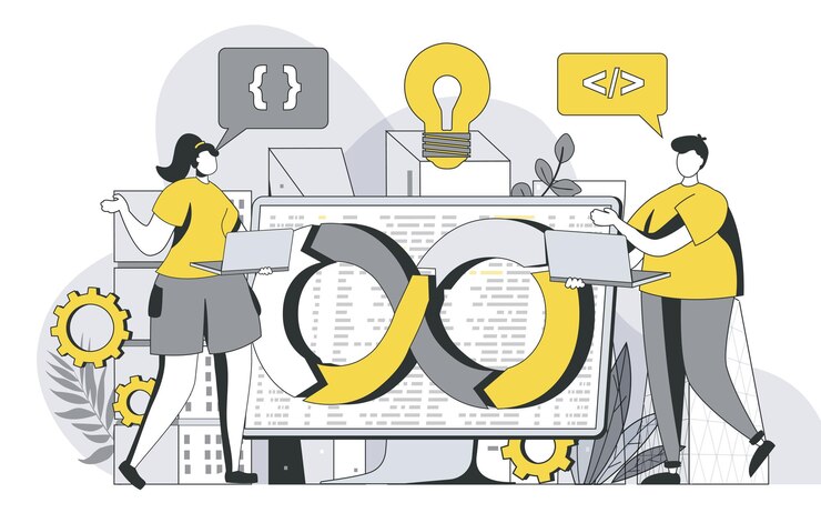 Teamkonzept von DevOps-Ingenieuren mit umrissener Personenszene Mann und Frau arbeiten mit Programmierern zusammen