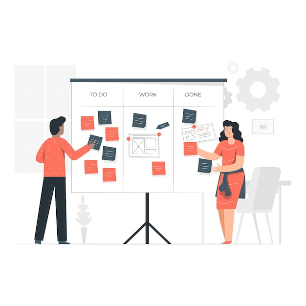 Teammitglieder arbeiten an einem Kanban-Board zusammen