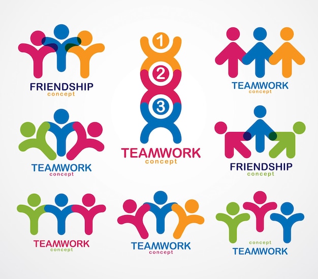 Teamwork-Geschäftsmann-Einheit und Kooperationskonzepte, die mit einfachen geometrischen Elementen als Menschencrews erstellt wurden. Vektorsymbole oder Logos eingestellt. Freundschafts-Dream-Team, bunte Designs der vereinten Crew.