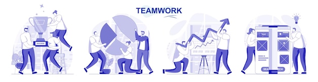 Teamwork isoliert in flachem design menschen, die brainstorming-zusammenarbeit im büro zusammen arbeiten