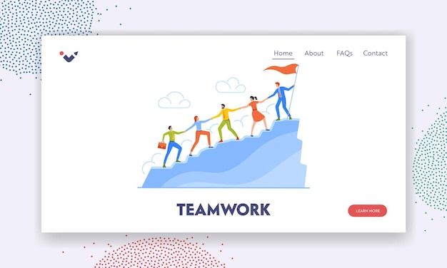 Teamwork-landing-page-vorlage geschäftsteam, das den berg hinaufklettert, mit anführer, der oben mit gehisster roter fahne steht