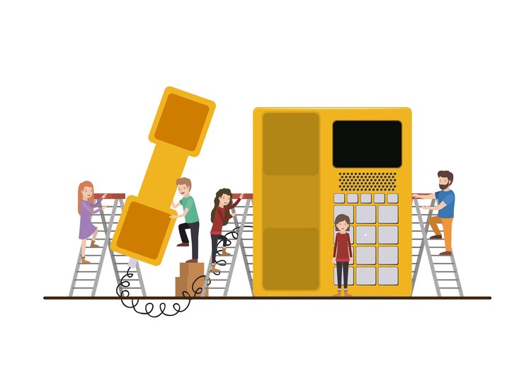 Teamwork-Minipersonen, die Telefon tun