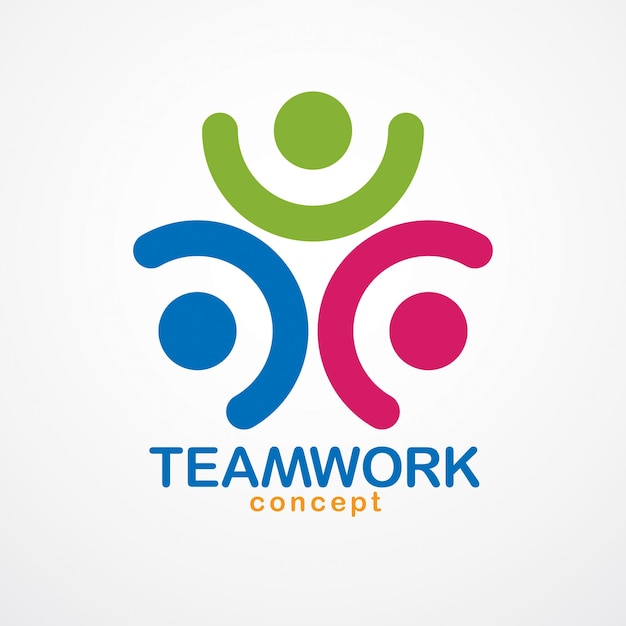 Teamwork und freundschaftskonzept mit einfachen geometrischen elementen als people crew. vektorsymbol oder logo. einheits- und zusammenarbeitsidee, traumteam von geschäftsleuten, farbenfrohes design.