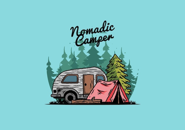 Teardrop camper und zelt vor pine tree illustration