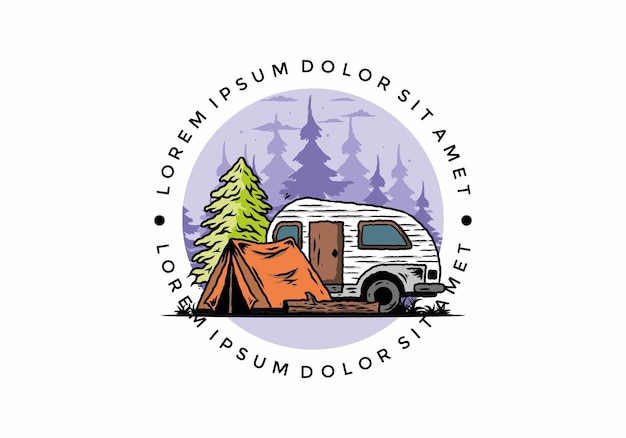 Teardrop camper und zelt vor pine tree illustration