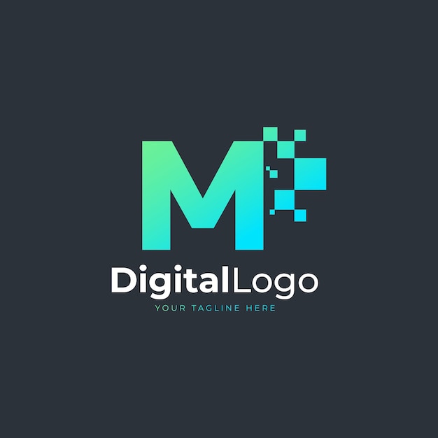 Tech letter m logo blaue und grüne geometrische form mit quadratischen pixel dots technology logos