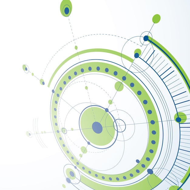 Vektor technische blaupause, digitaler hintergrund des grünen vektors mit geometrischen gestaltungselementen, kreise. 3d-darstellung des technischen systems, perspektivischer abstrakter technologischer hintergrund.