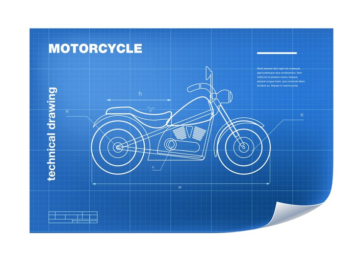 Technische Illustration mit Motorradzeichnung auf dem Plan