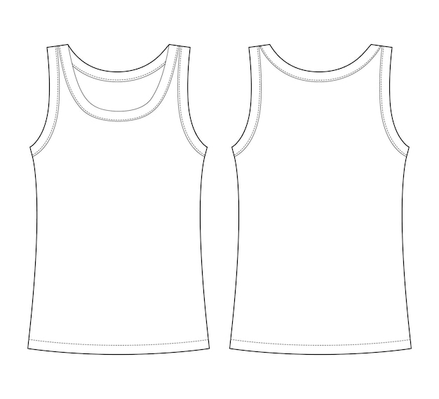 Technische Skizze des ärmellosen Tanktops. Kinder Mädchen Umriss T-Shirt Unterwäsche.