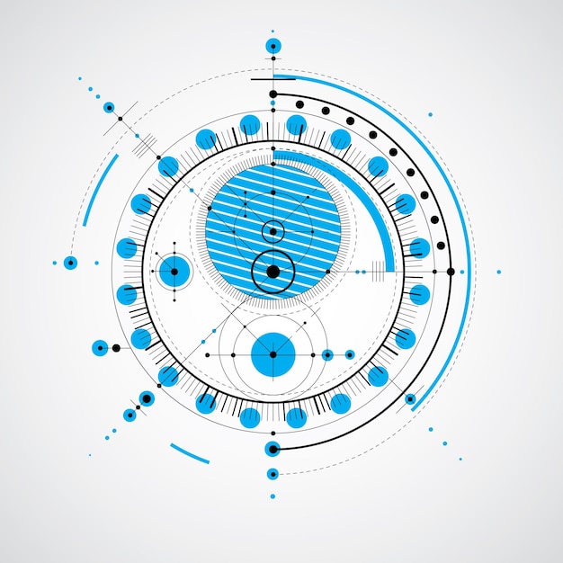 Vektor technische zeichnung mit gestrichelten linien und geometrischen kreisen. vektortapete im stil der kommunikationstechnologie, motordesign in blauer farbe.