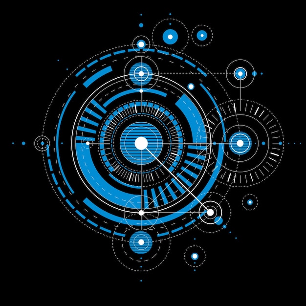 Technischer Plan, abstrakter technischer Entwurf zur Verwendung im Grafik- und Webdesign. Blaue Vektorzeichnung eines Industriesystems, das mit mechanischen Teilen und Kreisen erstellt wurde.