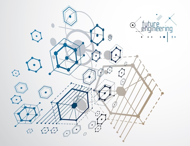 Technischer Plan, abstrakter technischer Entwurf zur Verwendung im Grafik- und Webdesign. Vektorzeichnung eines Industriesystems, das mit Sechsecken, Linien und Kreisen erstellt wurde.
