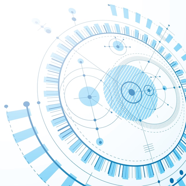 Technischer Plan, blauer abstrakter Konstruktionsentwurf zur Verwendung im Grafik- und Webdesign. Perspektivische Vektorzeichnung eines Industriesystems, das mit mechanischen Teilen und Kreisen erstellt wurde.