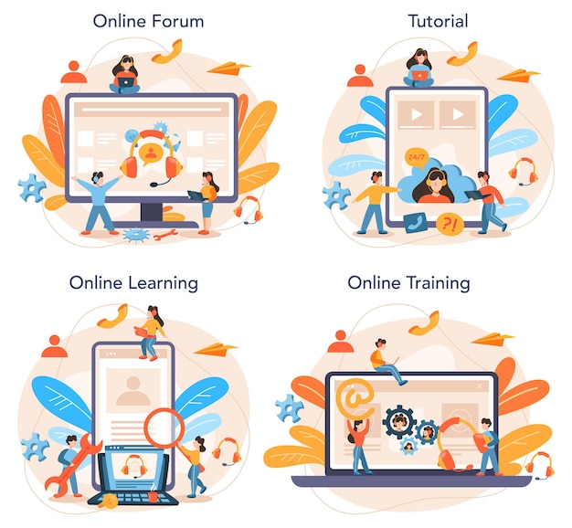 Technischer Support Online-Service oder Plattform-Set. Idee des Kundenservice. Bereitstellung wertvoller Informationen für den Kunden. Online-Forum, Tutorial, Lernen, Training.