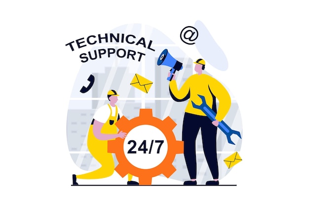 Technisches support-konzept mit people-szene im flachen cartoon-design das tech-team beantwortet anrufe, führt reparaturen durch und löst kundenprobleme rund um die uhr. visuelle geschichte der vektorillustration für das web