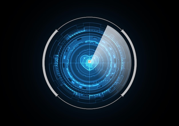 Technologie abstrakte zukunft chip menschlicher kopf liebe herz radar sicherheitskreis hintergrund vektor illustration