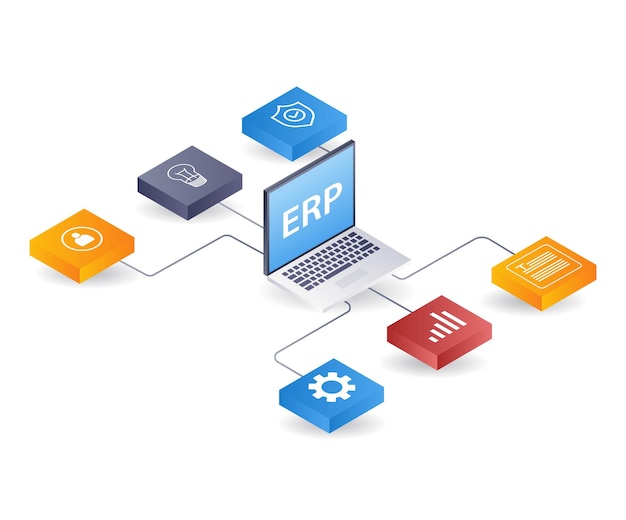 Vektor technologie erp-geschäftsnetzentwickler computer flache isometrische 3d-illustration infografik