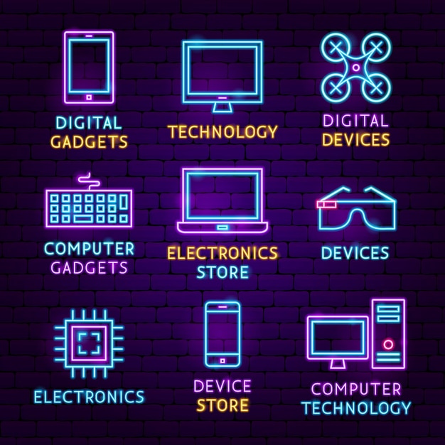 Technologie-Gadgets Neon-Label-Set. Vektor-Illustration der Elektronik-Förderung.