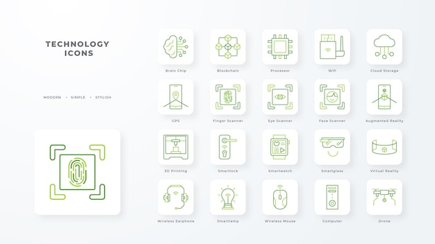 Technologie-icon-sammlung mit grünem duotone-stil computing-diagramm-download-dateiordner-grafik-laptop vektor-illustration