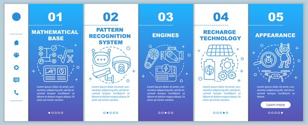 Technologie in der Robotik Onboarding mobile Webseiten Vorlage. Automatisierung. Responsive Smartphone-Website-Schnittstellenidee mit linearen Abbildungen. Schrittbildschirme für die Webseite. Farbkonzept