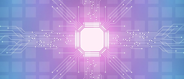 Technologie-Mikrochip, buntes Leiterplattenmuster mit quadratischem Hintergrund, buntes Licht