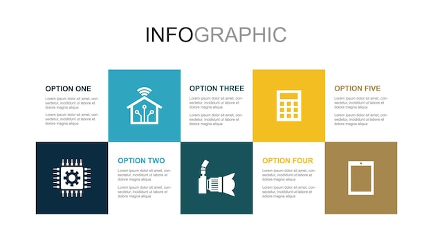 Technologie Smart Home Fotokamera Taschenrechner Tablet-Computer-Symbole Infografik-Design-Layout-Vorlage Kreatives Präsentationskonzept mit 5 Schritten