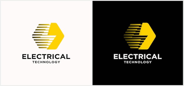 Technologielogo der elektroindustrie. stärke-logo. mit blitz und dunklem hintergrund.