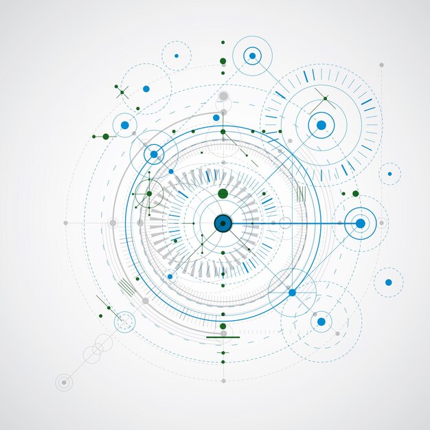 Technologischer Hintergrund der Vektortechnik, futuristischer technischer Plan, Mechanismus in blauen und grünen Farben. Mechanisches Schema, abstraktes Industriedesign kann als Website-Hintergrund verwendet werden.