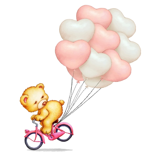 Vektor teddybär auf fahrrad mit herzballons