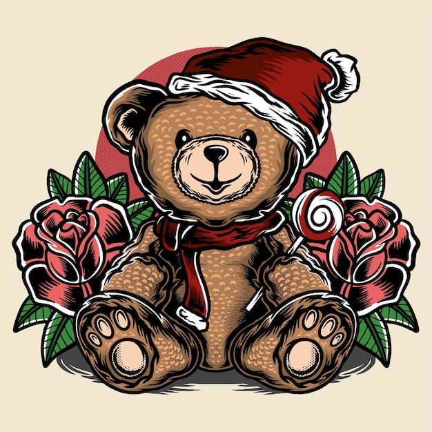 Teddybär, der Weihnachtsmütze und Rosenhintergrundillustration trägt