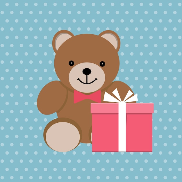 Teddybär mit Geschenkbox Kinderspielzeug Grußkartenplakatvorlage Vektorillustration
