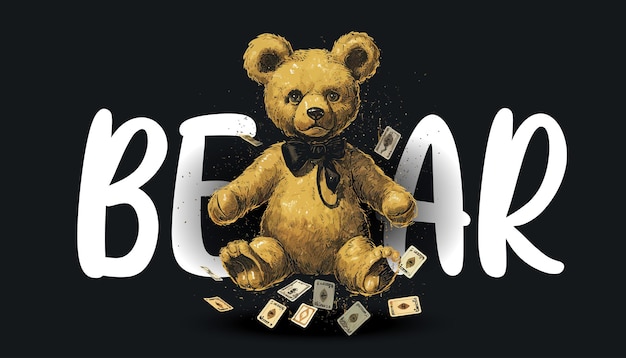 Teddybär sitzt mit Geld auf schwarzem Hintergrund, Vintage-Plakatdesign, Vektorillustration