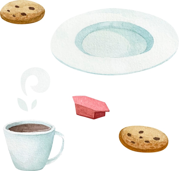 Vektor tee-aquarell-set aus tasse, untertasse, keksen und süßigkeiten.