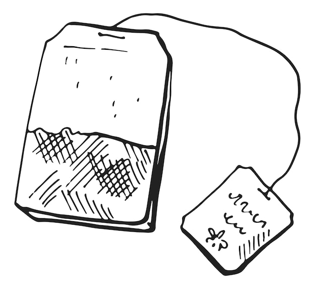 Teebeutel-skizze papieretikettensack mit blättern isoliert auf weißem hintergrund