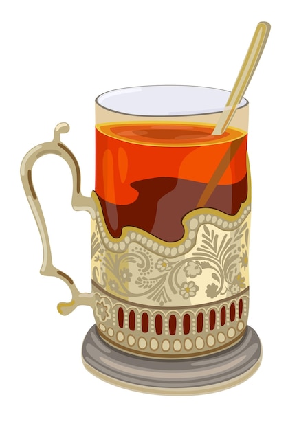 Teeglas mit löffel im becherhalter vektor-isolierte illustration