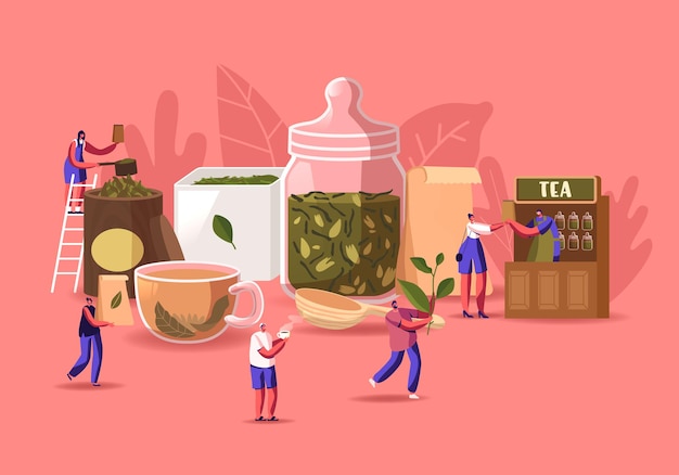 Teeladenillustration. winzige männer und frauen charaktere verpacken, verkaufen und kaufen von trockenen teeblättern in einem riesigen glas und einer tasse mit frischem getränk