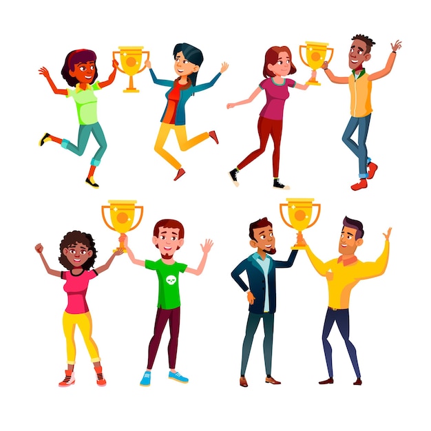 Teen Jungen und Mädchen mit Trophäenpokal-Set