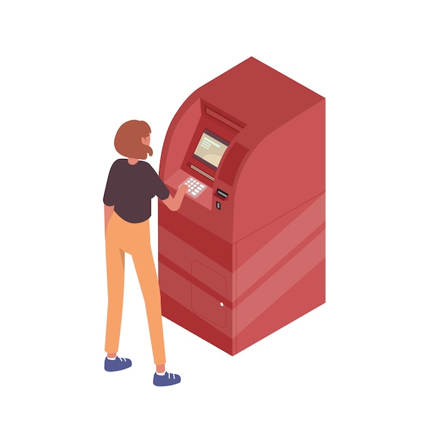 Teenager-Mädchen verwenden isometrische Vektorgrafik des Geldautomaten-Terminals. Moderne Frau, die in der Nähe der Maschine steht, um Bargeld oder Finanztransaktionen isoliert abzuheben. Automatischer Geldausgabeautomat mit Bankdienst.