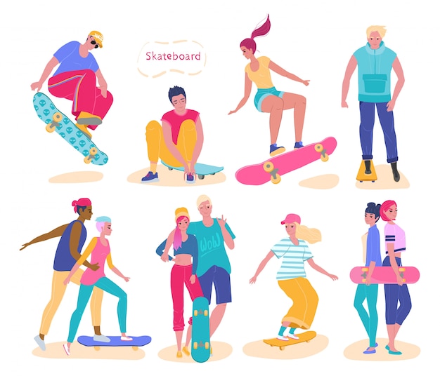 Teenager reiten skateboard, satz von isolierten comicfiguren, illustration