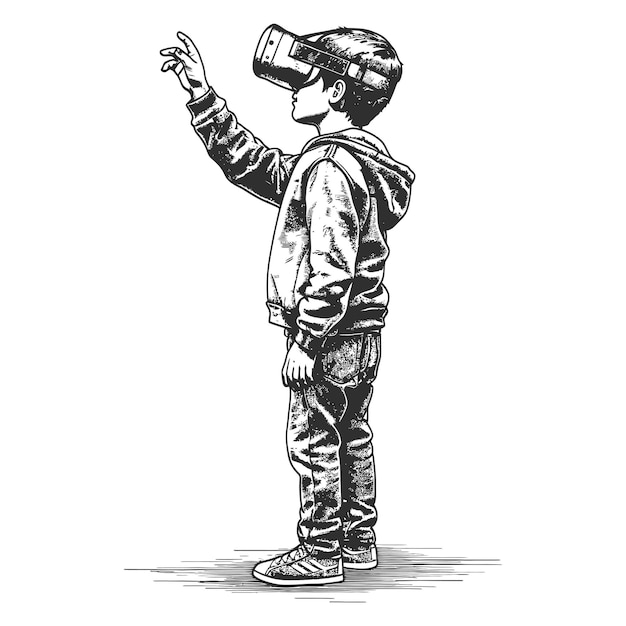 Teenager spielt mit einem virtuellen Realitäts-Headset in alter Gravur-Stilkunst