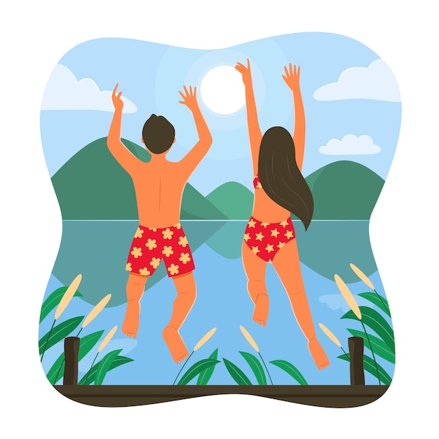 Teenager springen in den See, um die Sommersaison zu genießen